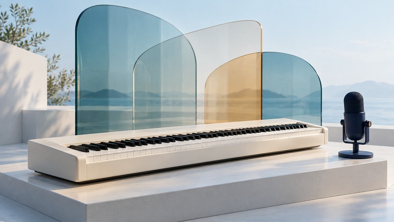An ivory keyboard and microphone beside overlapping translucent glass panels.