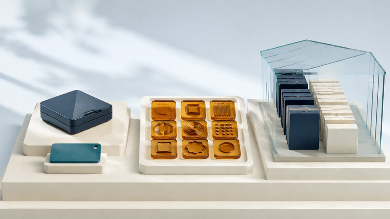 A navy reader and teal tag, amber identity tiles and glass-enclosed record blocks occupy three separate ivory platforms.