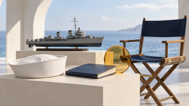 A white sailor’s cap and navy notebook beside a vintage ship model and a director’s chair.