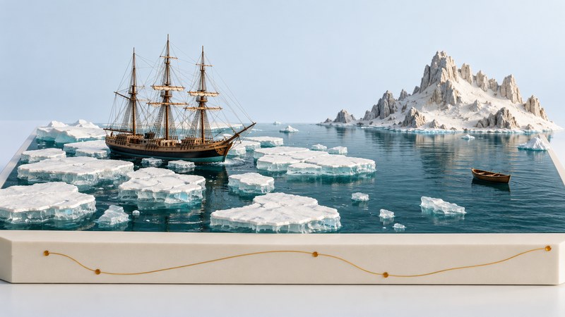 A conceptual polar diorama shows a three-masted ship among ice floes, a small boat, and a rugged distant island.