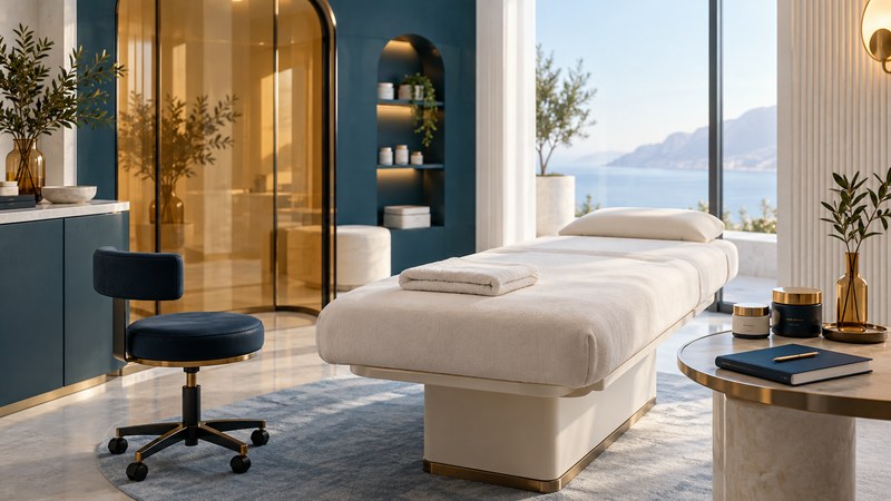 A treatment bed, folded towels, skincare containers and a teal stool in a calm architectural spa scene.