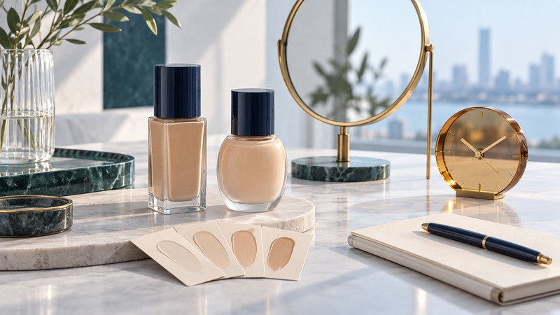 Two generic foundation bottles beside shade samples, a mirror, an amber clock and a notebook.