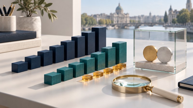Navy and teal benchmark blocks stand beside amber tiles, plain currency tokens in glass and an ivory magnifying lens.