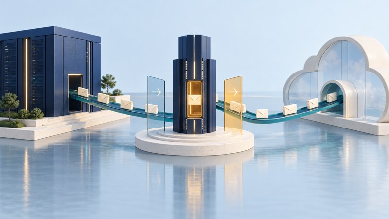 A central navy relay tower connects an internal server building and a glass cloud along an envelope-carrying path.