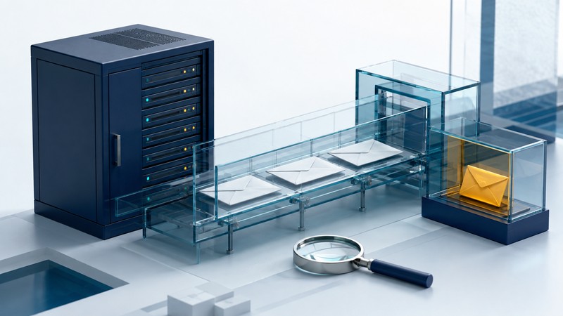A navy mail server connects to a glass inspection channel with an amber envelope in a side compartment.