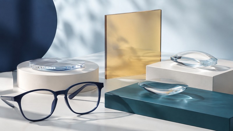 Navy eyeglasses beside three clear optical forms on ivory plinths with a restrained amber plane.