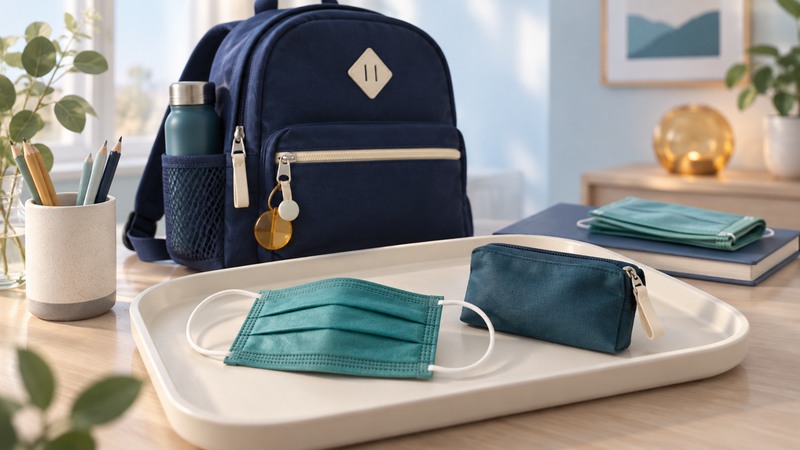 Small teal masks and a storage pouch sit beside a child’s navy backpack.