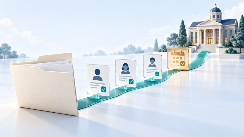 An ivory application folder and three glass contributor cards lead toward a miniature college and amber calendar.