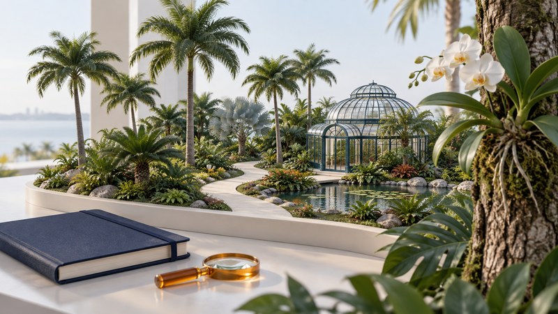 A conceptual tropical garden model contains palms, cycads, a glass conservatory and an orchid growing on a tree.