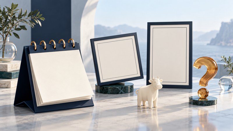 A blank desk calendar, empty comic-panel frames, a small cow figurine, and an amber question mark.