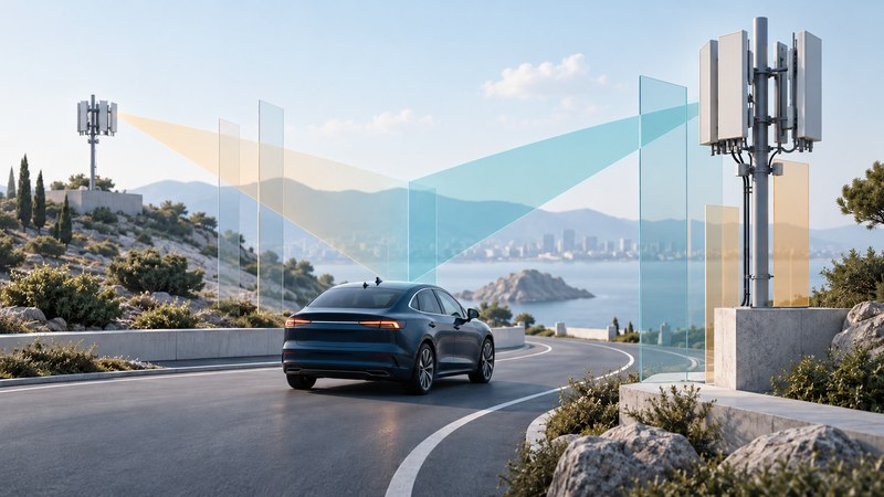 Car on a curved road between two cellular sites with conceptual radio beams.