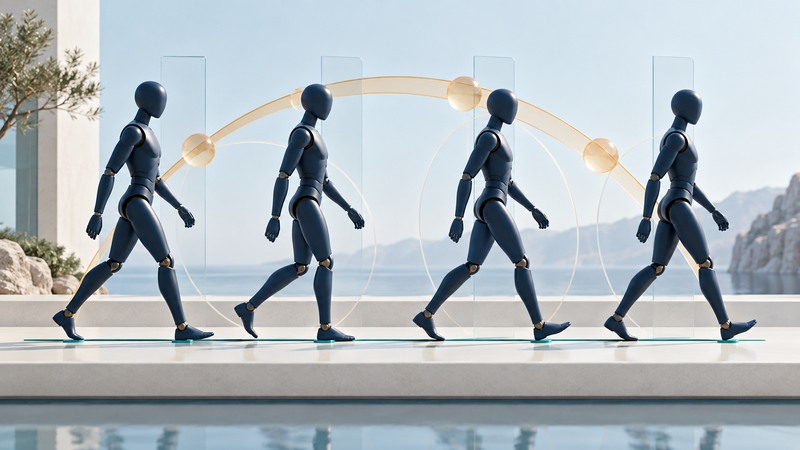 Four stylized navy walking mannequins on an ivory platform beside glass panels and an amber loop motif.
