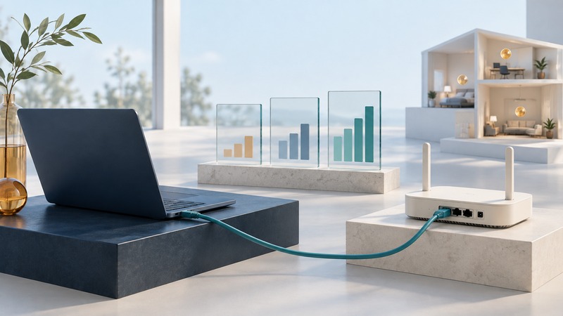 A navy laptop connects to an ivory router by a teal Ethernet cable beside three glass comparison panels.