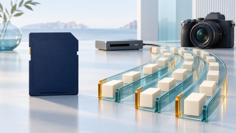 A navy SD card stands beside three glass lanes of ivory blocks, with a reader and camera behind.