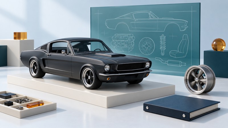 A charcoal fastback model stands beside a wheel, component-outline display and parts binder.