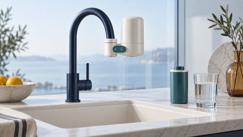 An ivory faucet-mounted filter with a teal selector attaches to a navy fixed-spout faucet beside a cartridge and glass.