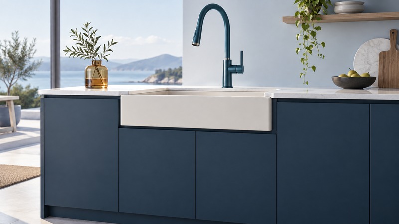 A petrol teal pull-down faucet with its wand docked over an ivory sink and closed navy cabinets.