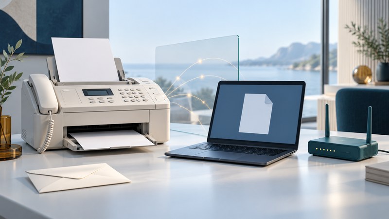 An ivory fax machine, navy laptop and teal router sit beside a conceptual glass panel representing document transmission.