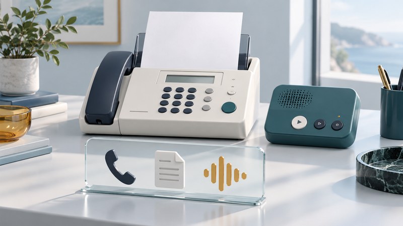 An ivory fax phone and teal answering machine behind glass symbols for calls, documents and messages.
