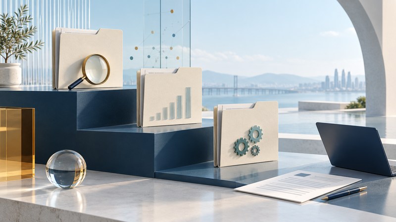 Three ivory folders on steps beside a navy laptop, magnifying glass and blank résumé page.