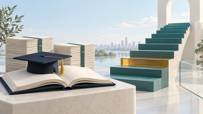 An open navy book and graduation cap stand beside loan documents and a teal staircase with an amber step.