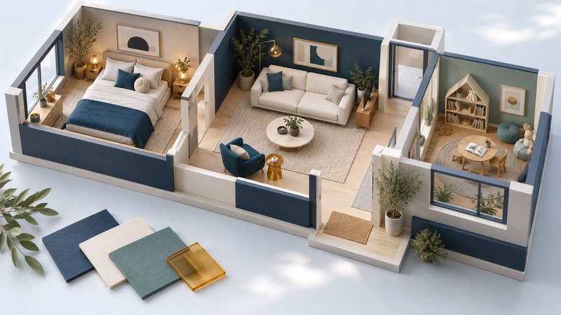 Architectural cutaway with a bedroom, living room, reading corner and material samples.