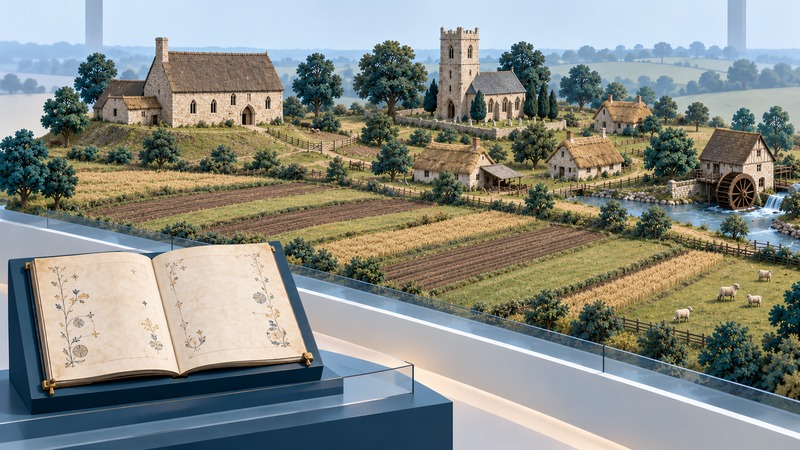 A medieval stone hall, church, cottages, open fields and watermill form a diorama beside an archival book.