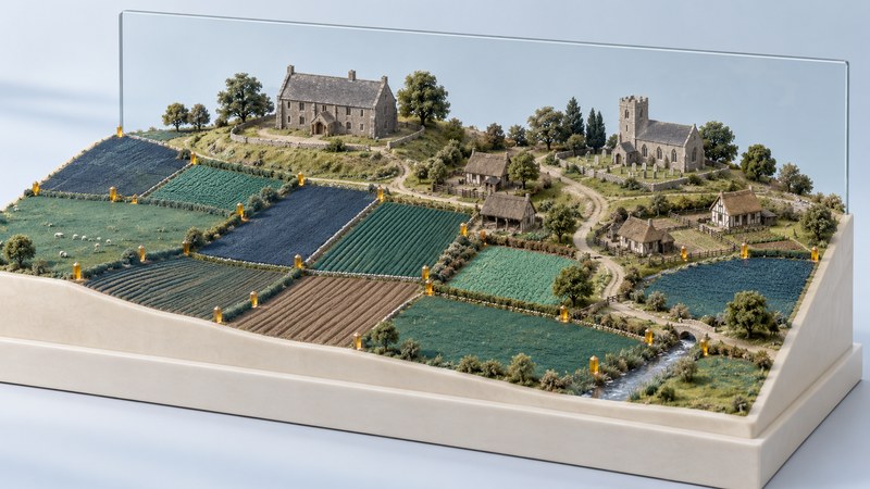 A miniature manor, church, cottages and divided fields sit on a museum display platform.