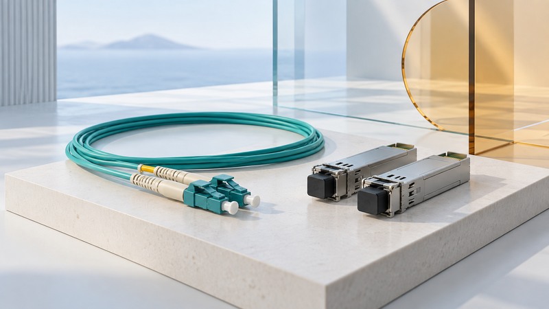 A loosely coiled teal duplex fiber cable rests beside two capped optical modules on ivory plinths.