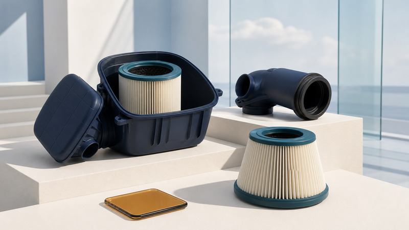 An opened navy air-cleaner housing and cartridge sit beside a separate cone filter, intake duct and amber inspection tile.