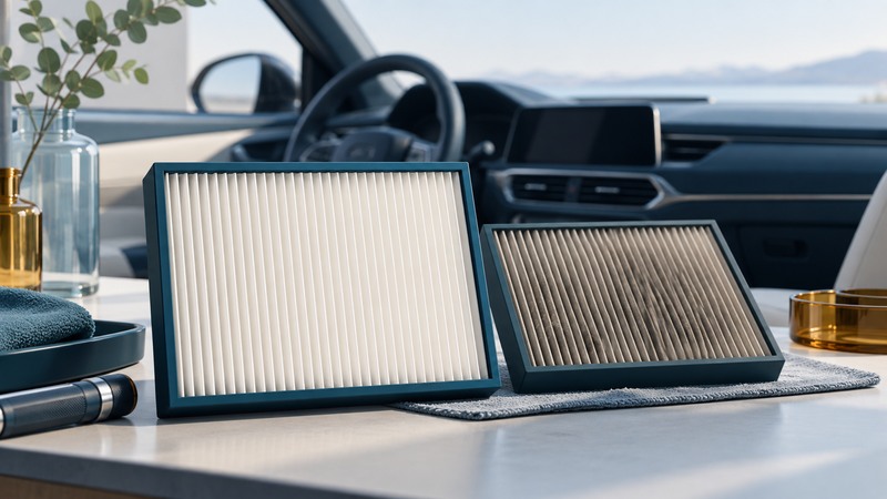 Clean and dusty pleated cabin filters rest in front of a car dashboard.