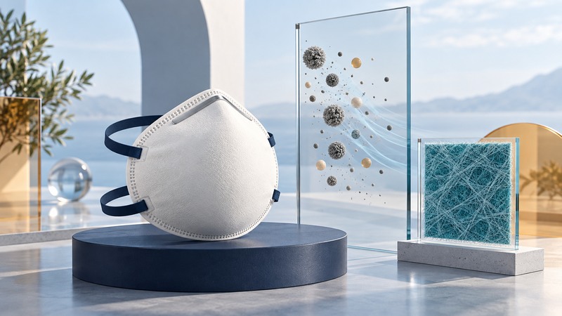 An ivory particulate respirator with two headbands sits beside conceptual particles and filter fibers.
