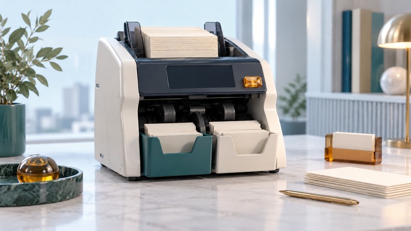 An ivory desktop banknote sorter holds blank notes above two separate output pockets, with a batch record beside it.