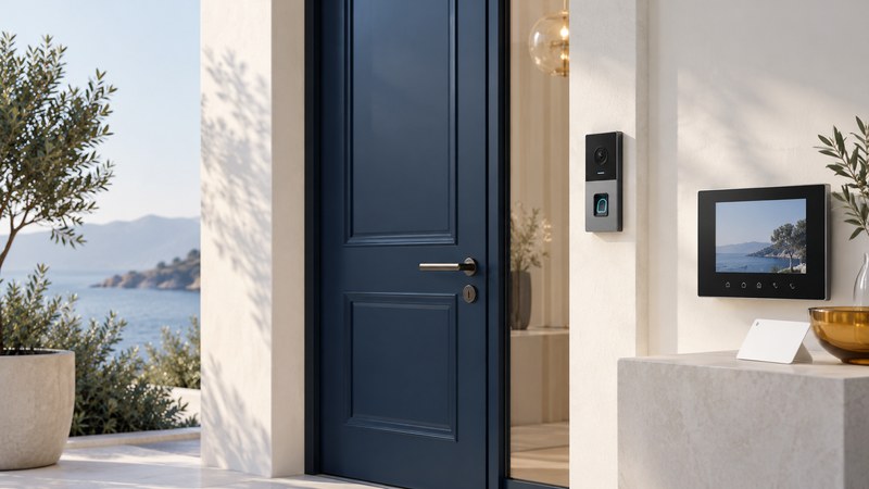 An ivory doorway with navy door and compact fingerprint intercom beside an indoor screen and blank visitor card.