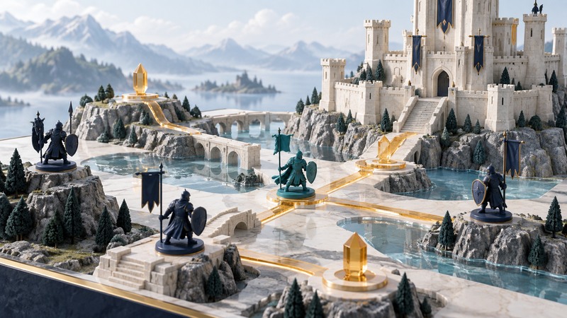 A miniature ivory fantasy fortress with navy and teal warrior tokens linked by amber objective paths.