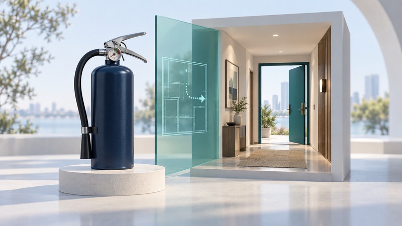 A navy extinguisher stands beside a conceptual house hallway and open exit.