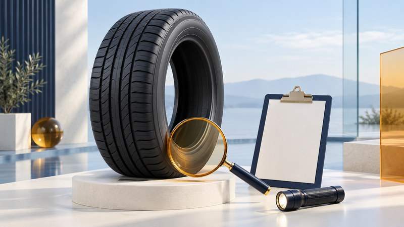 An unbranded tire beside an inspection flashlight, blank clipboard and amber magnifying lens.