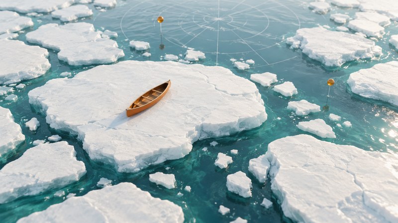 A small empty canoe rests on a model ice floe amid open water leads, with a glass polar grid and amber markers.