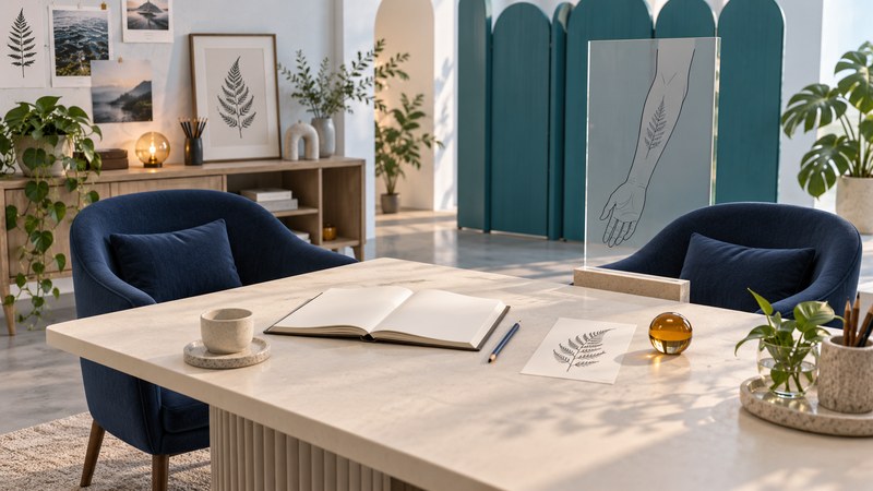 Two navy chairs face an ivory consultation table with a sketchbook, a fern reference card, and a glass forearm drawing.