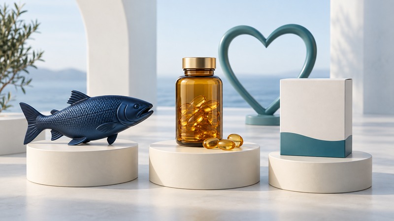 A fish sculpture, an amber supplement bottle and a plain pharmacy carton sit on separate plinths before a teal heart outline.