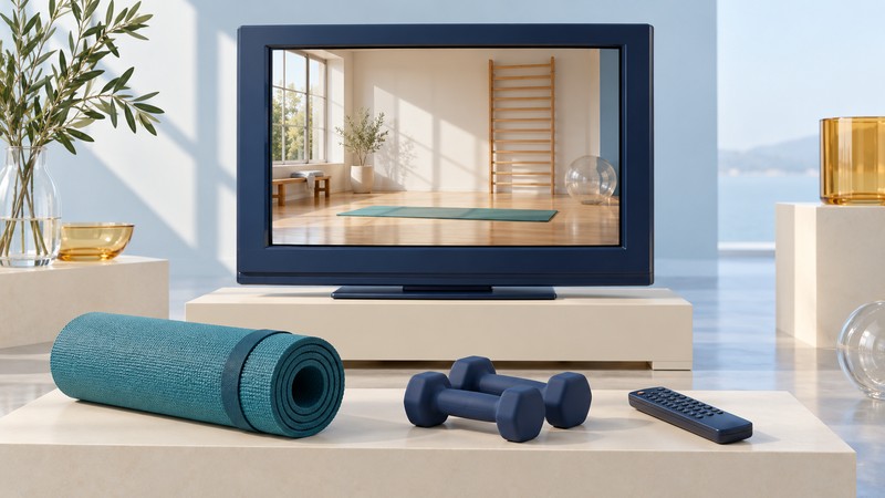 An older television shows an empty exercise studio, with a rolled mat, hand weights and remote in the foreground.