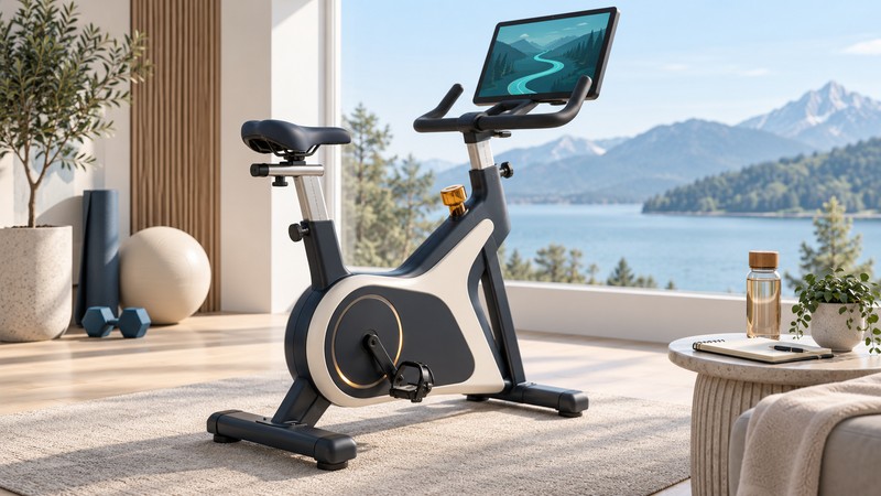 An unbranded stationary bike with a trail on its screen stands beside a notebook in a bright studio.