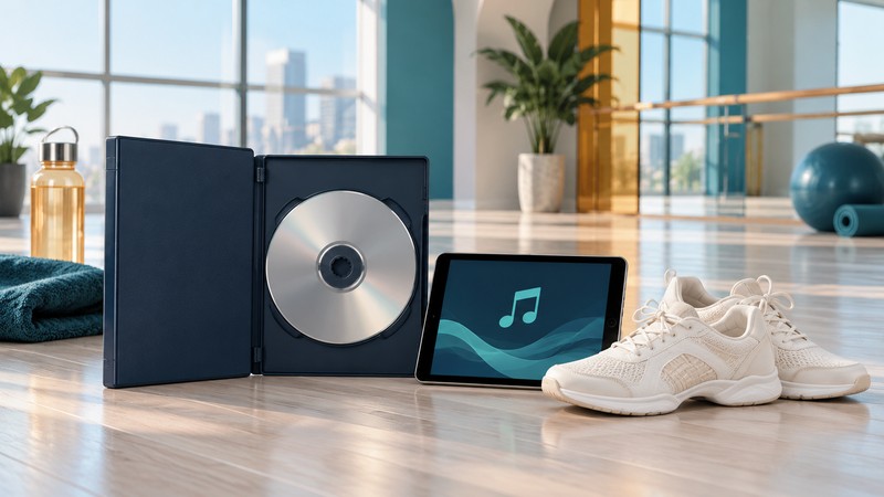 A plain DVD case and silver disc stand beside a tablet with a music-note symbol and ivory sneakers.
