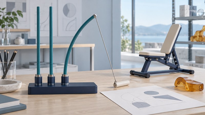 Flexible teal rods in a fixed base stand beside a cable handle, scale bench model and blank design drawings.