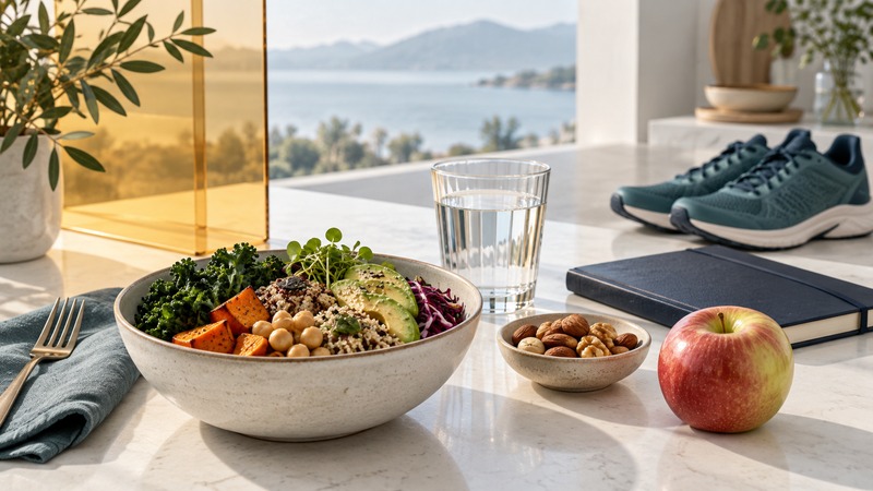 A bowl of vegetables and chickpeas, an apple, nuts and water sit near a notebook and walking shoes.