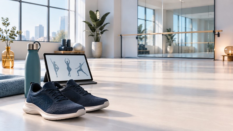 Navy sneakers and a tablet showing dance silhouettes sit beside a water bottle in an open studio.