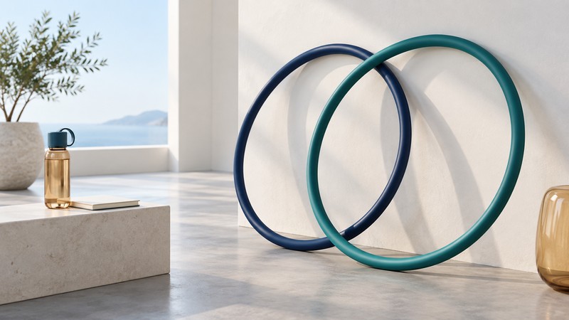 Two separate navy and teal hoops lean against an ivory wall near a notebook and bottle.