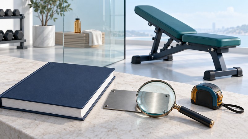 A blank equipment manual, magnifying glass, model plate and tape measure sit near an exercise bench.