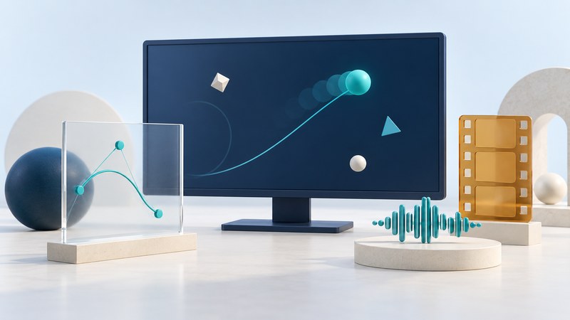 A navy display with an animated teal curve stands behind glass vector artwork, an amber filmstrip and a teal waveform sculpture.