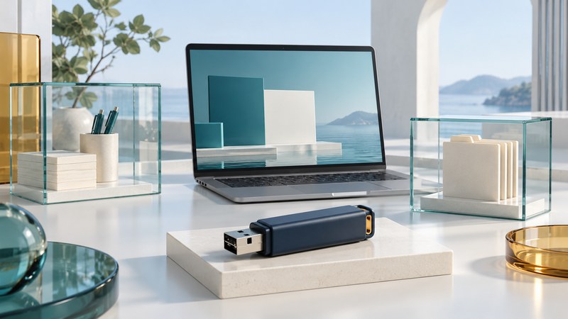 A disconnected USB drive sits before a laptop with abstract desktop panels and two glass workspace frames.